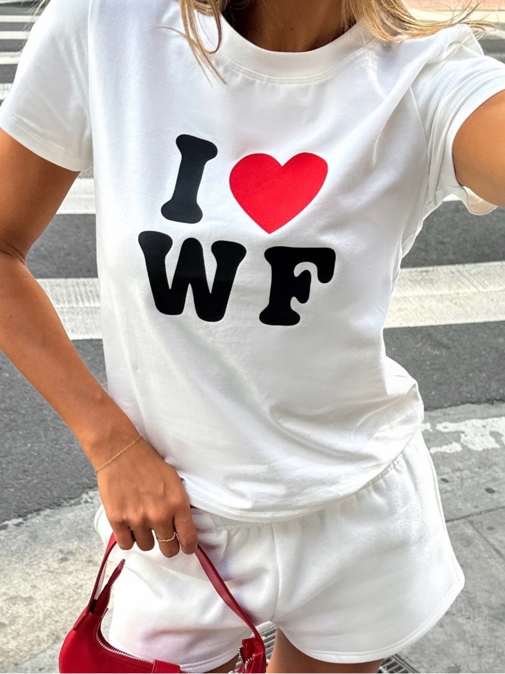 White Fox Boutique White Tee with Black Logo and Red Heart